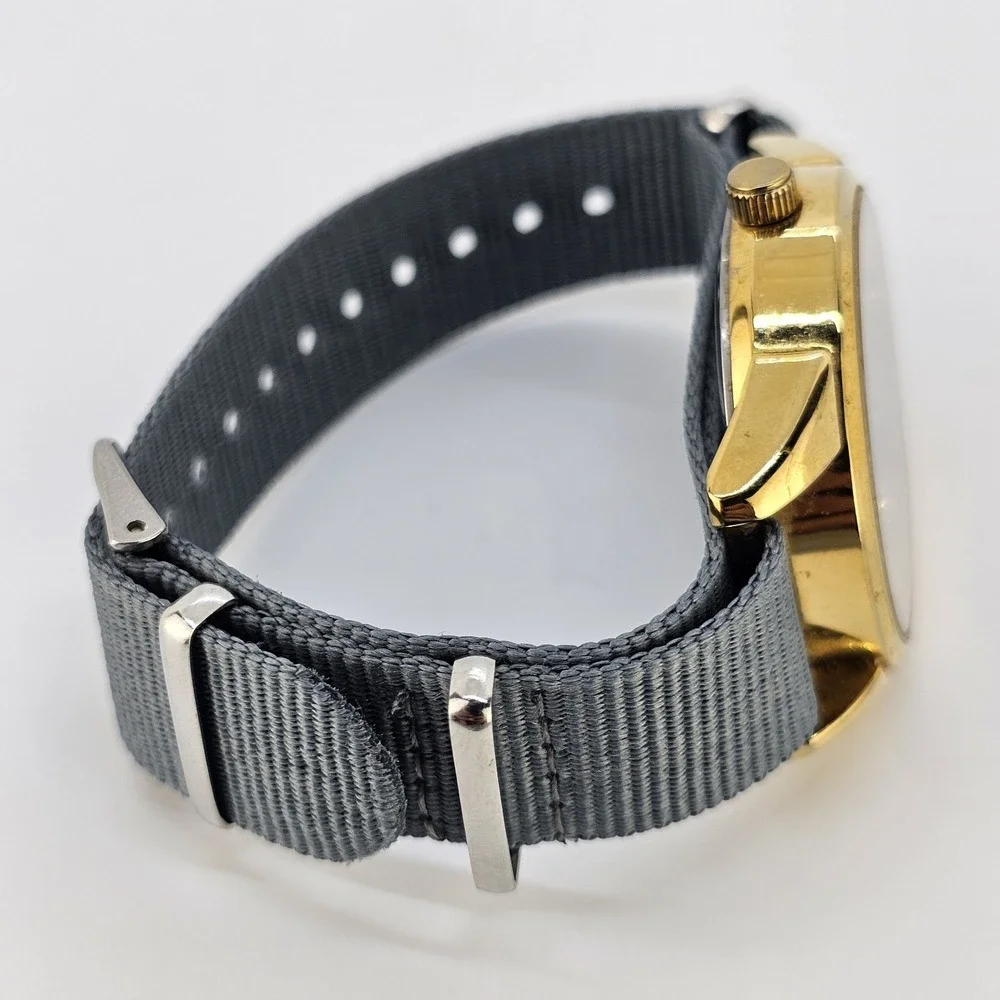 Men's Analog Watch 38MM Black Dial Day Date NEW Gray Canvas Band NEW Battery